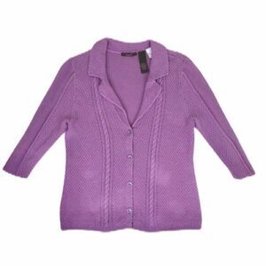 Heather B Cardigan White Lavender Button Down Chunky Knit Size XL Womens